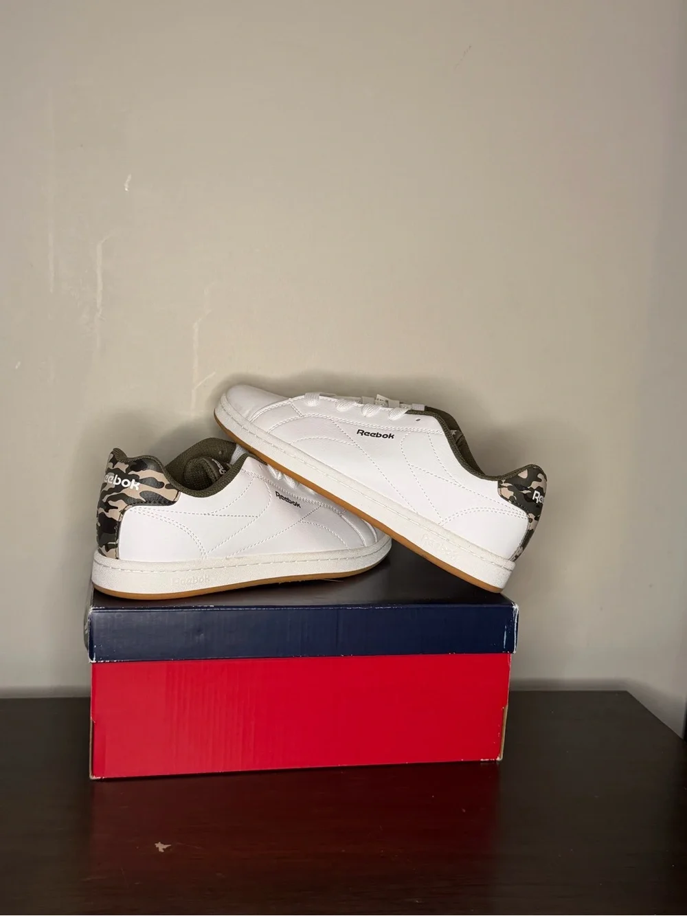 Reebok Men’s White Sneakers with Camo Heel and Gum Sole